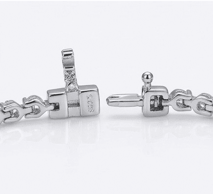 Close-up of Dazzle moissanite bracelet clasp detail, secure mechanism in 925 sterling silver.