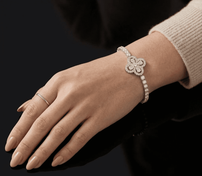 Dazzle moissanite bracelet worn on wrist, 4.5ctw hand set in 925 sterling silver elegant lifestyle shot.