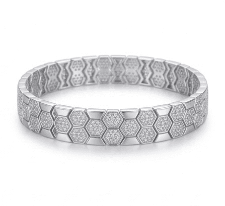 Bee Yourself moissanite bracelet with 800+ hand set stones in 925 sterling silver, front view on white background.