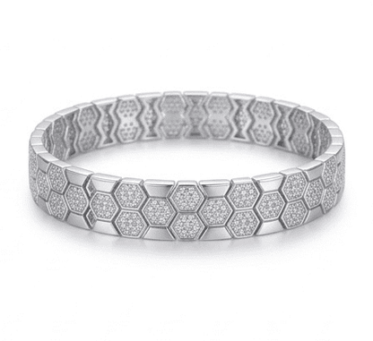 Bee Yourself moissanite bracelet with 800+ hand set stones in 925 sterling silver, front view on white background.