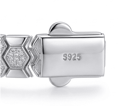 Close-up of Bee Yourself moissanite bracelet clasp open, revealing secure setting in 925 sterling silver.