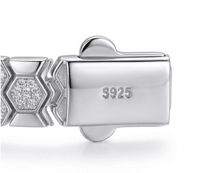 Close-up of Bee Yourself moissanite bracelet clasp open, revealing secure setting in 925 sterling silver.
