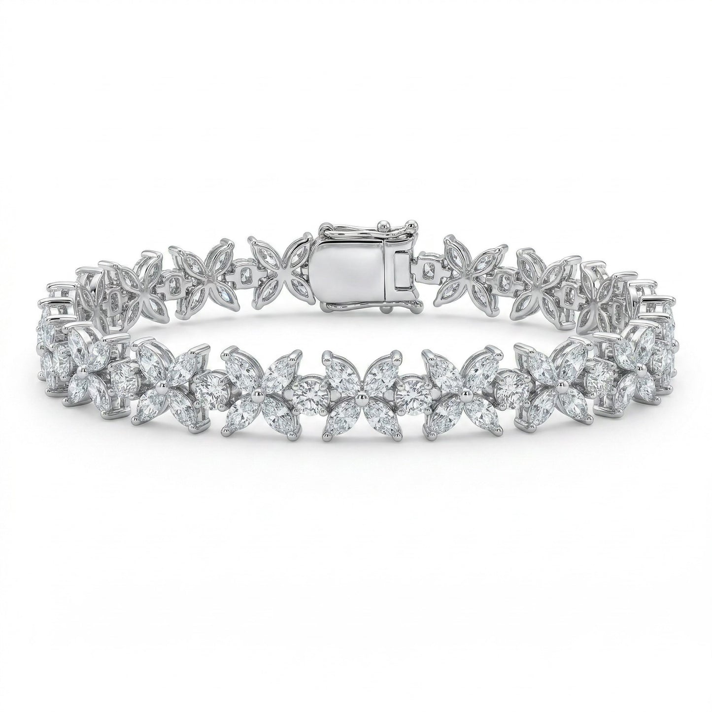 Luminary moissanite bracelet with butterfly design, 8.5ctw hand set in 925 sterling silver, front view on white background.
