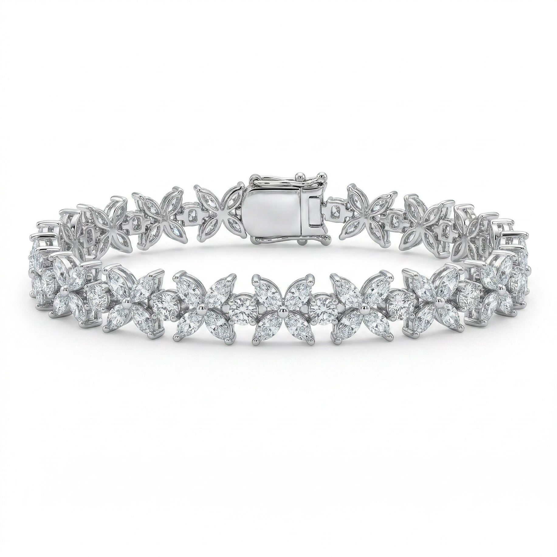 Luminary moissanite bracelet with butterfly design, 8.5ctw hand set in 925 sterling silver, front view on white background.