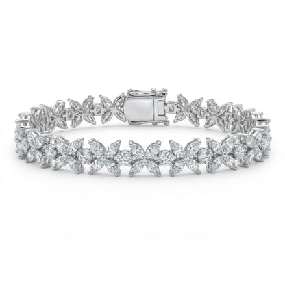 Luminary moissanite bracelet with butterfly design, 8.5ctw hand set in 925 sterling silver, front view on white background.