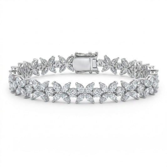 Luminary moissanite bracelet with butterfly design, 8.5ctw hand set in 925 sterling silver, front view on white background.