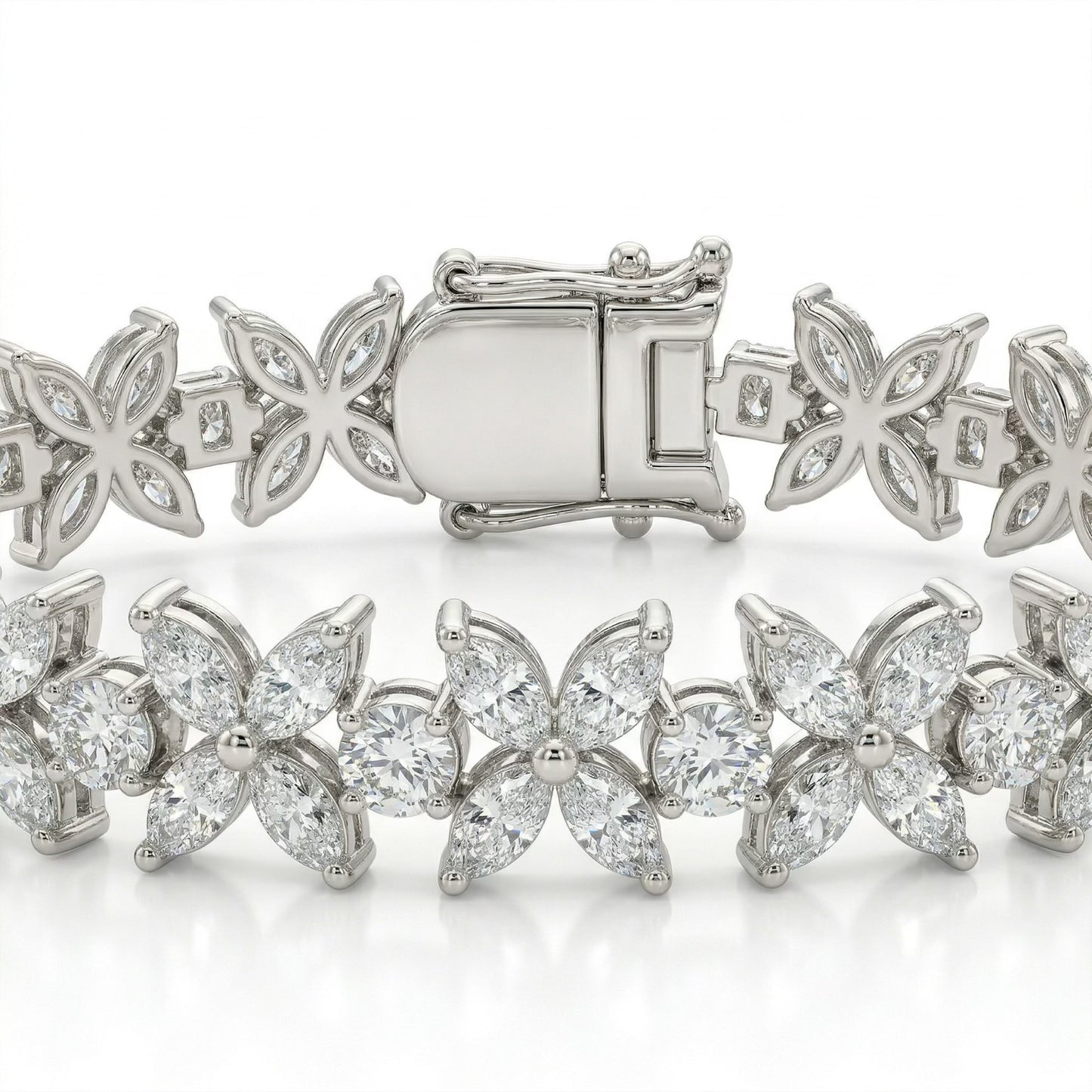 Close-up of Luminary moissanite bracelet showcasing brilliant butterfly design with 8.5ctw hand set stones in sterling silver.