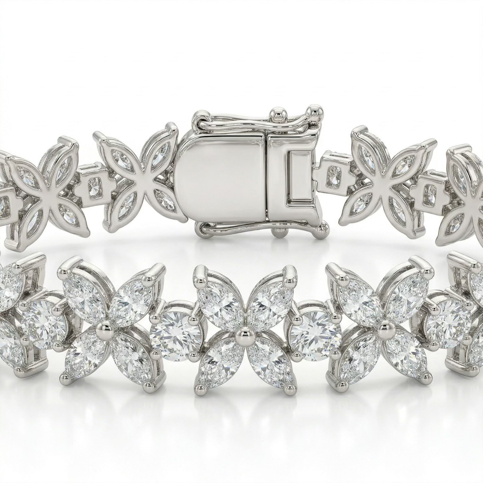 Close-up of Luminary moissanite bracelet showcasing brilliant butterfly design with 8.5ctw hand set stones in sterling silver.