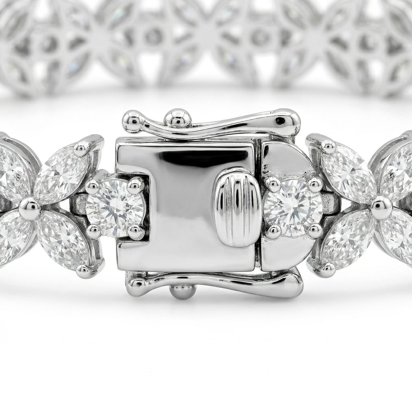 Close-up of Luminary moissanite bracelet clasp closed, secure setting in 925 sterling silver butterfly design.