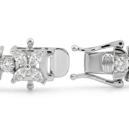 Close-up of Luminary moissanite bracelet clasp open, revealing secure mechanism in 925 sterling silver butterfly design.