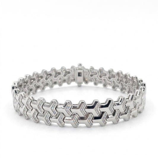 Soldier moissanite bracelet with shield design, fully hand set melee stones in 925 sterling silver on white background.