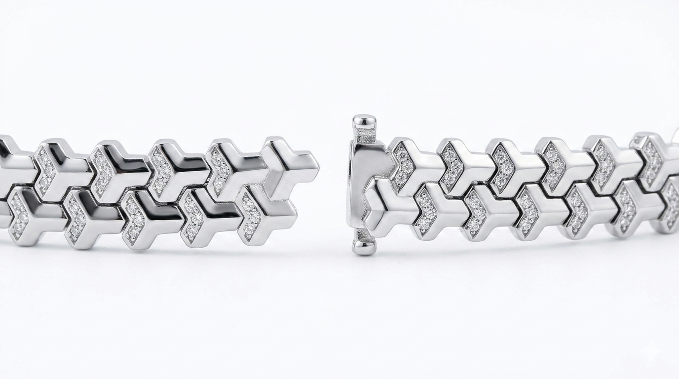 Soldier moissanite bracelet with clasp open, revealing hand set melee moissanite shield design in sterling silver.