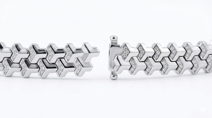 Soldier moissanite bracelet with clasp open, revealing hand set melee moissanite shield design in sterling silver.