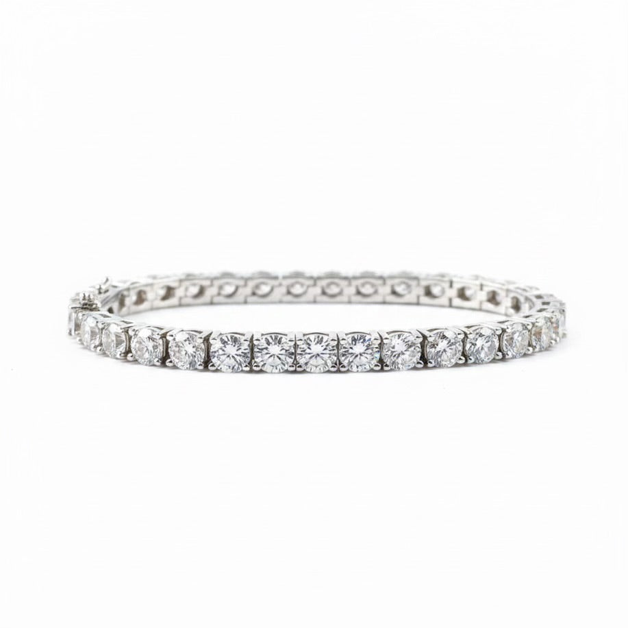 Tennis moissanite bracelet, 10–15ctw fully hand set in 925 sterling silver, front view.