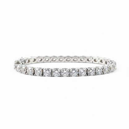 Tennis moissanite bracelet, 10–15ctw fully hand set in 925 sterling silver, front view.