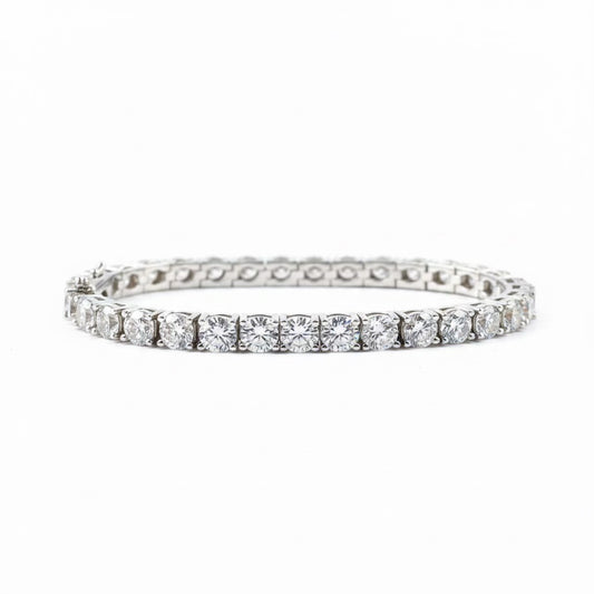 Tennis moissanite bracelet, 10–15ctw fully hand set in 925 sterling silver, front view.