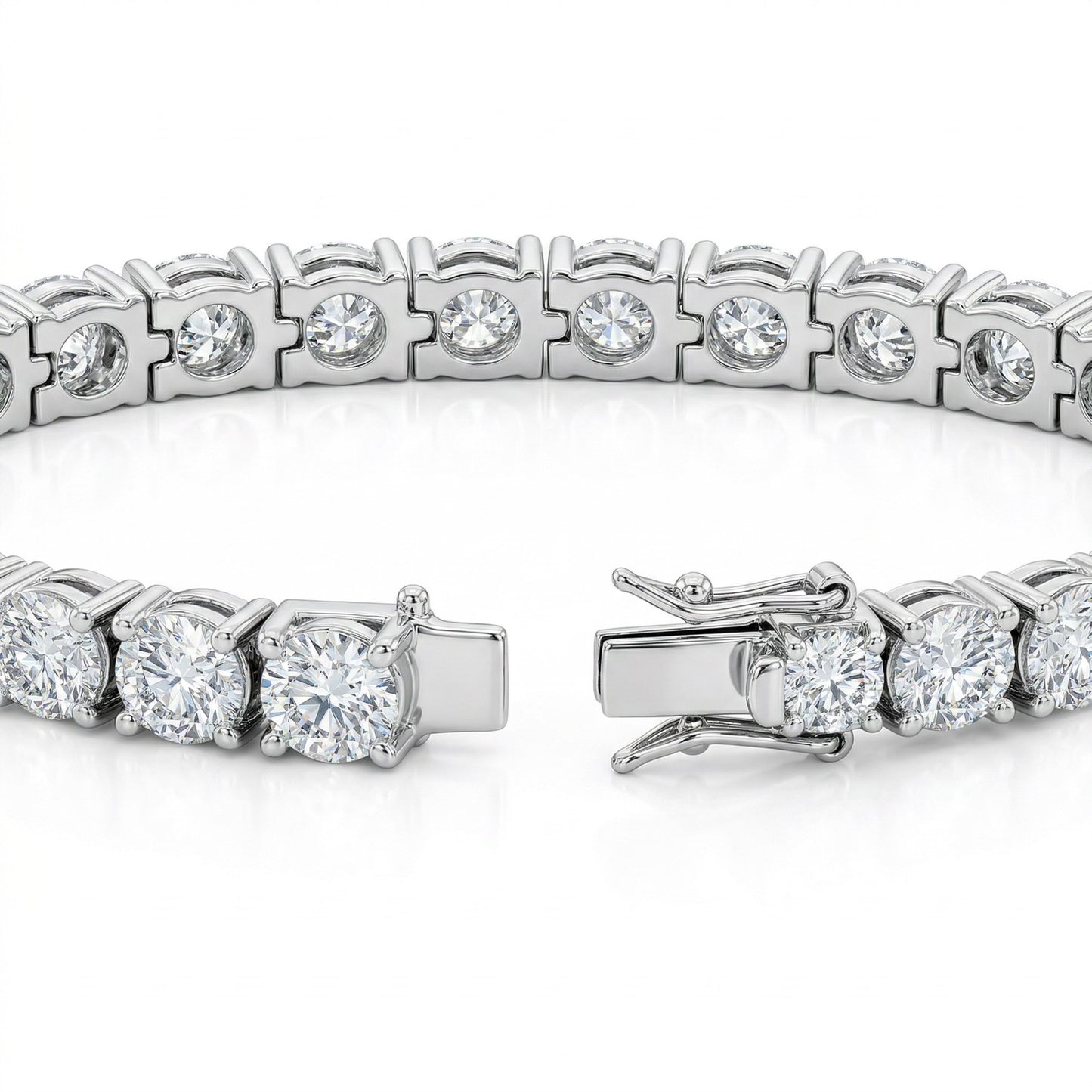 Close-up of moissanite tennis bracelet with clasp open, showing secure 925 sterling silver setting.