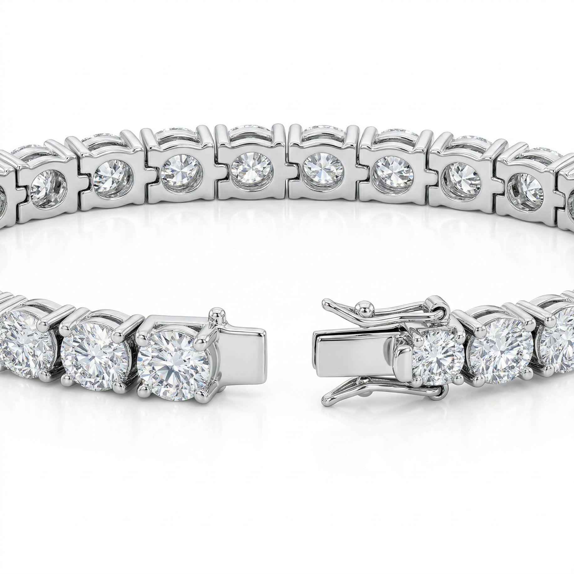 Close-up of moissanite tennis bracelet with clasp open, showing secure 925 sterling silver setting.