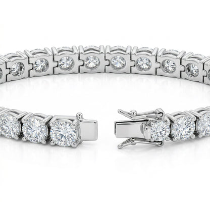 Close-up of moissanite tennis bracelet with clasp open, showing secure 925 sterling silver setting.