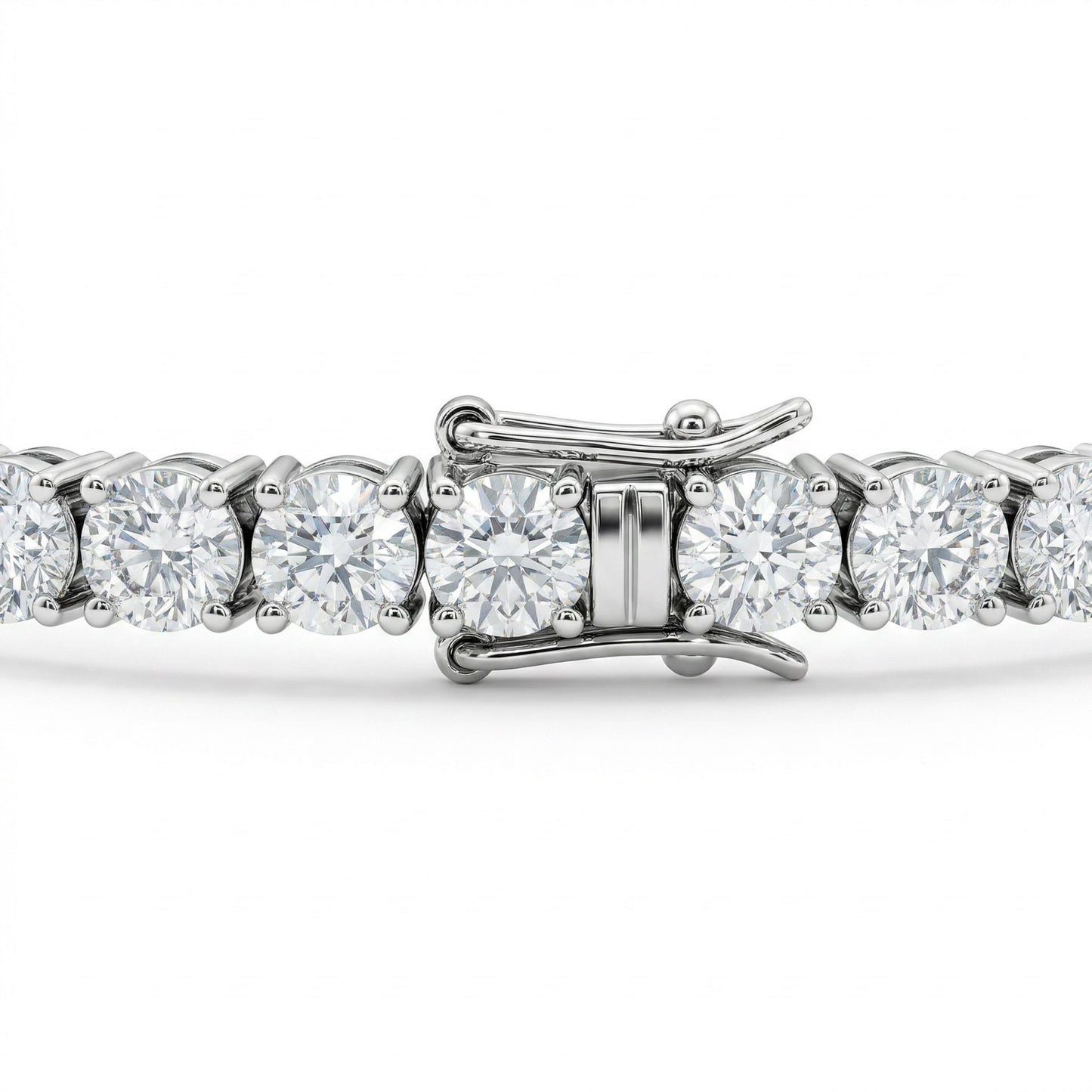 Close-up of moissanite tennis bracelet with clasp closed, 10–15ctw hand set in sterling silver.