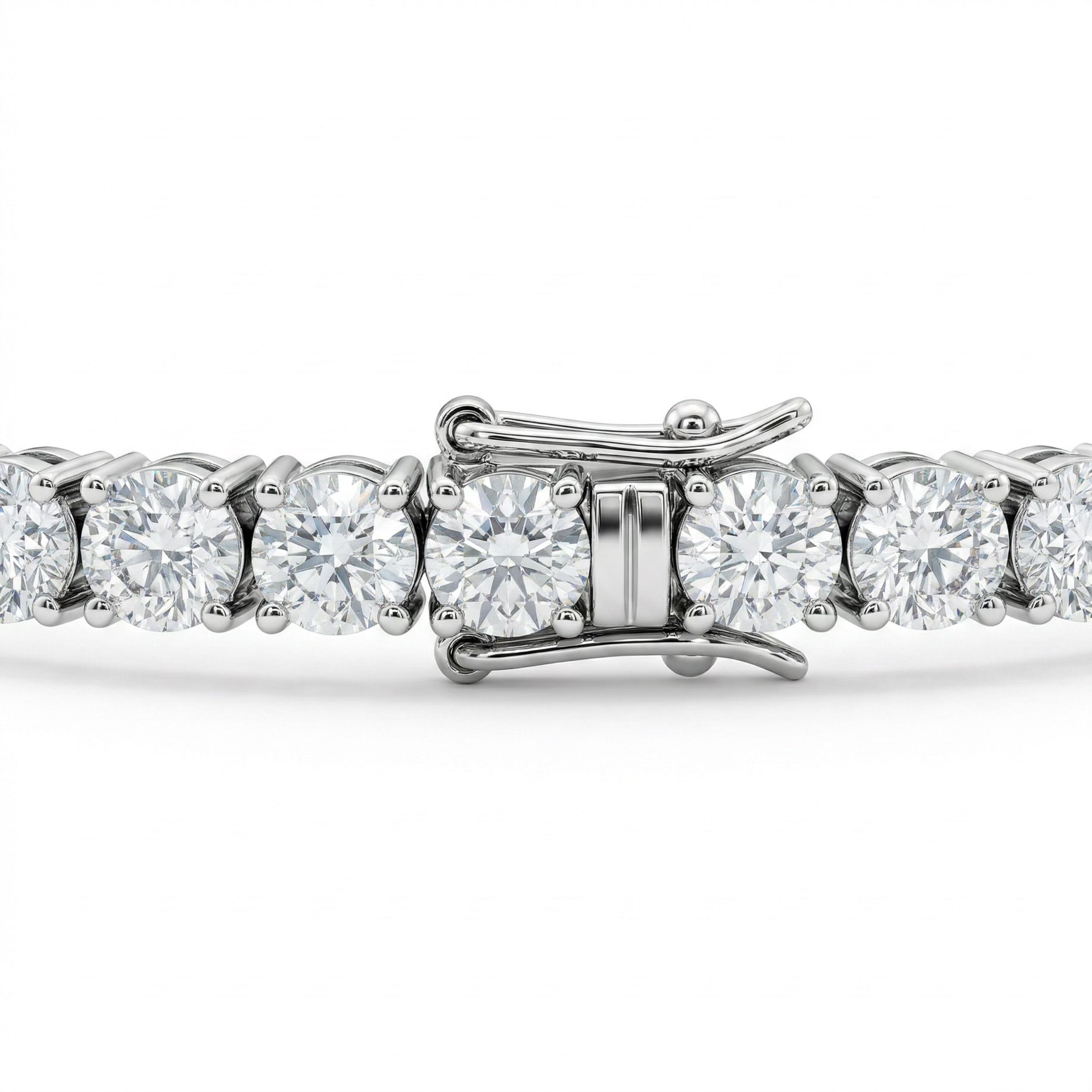 Close-up of moissanite tennis bracelet with clasp closed, 10–15ctw hand set in sterling silver.