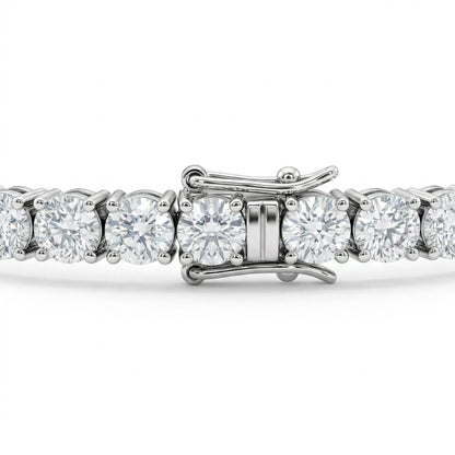 Close-up of moissanite tennis bracelet with clasp closed, 10–15ctw hand set in sterling silver.
