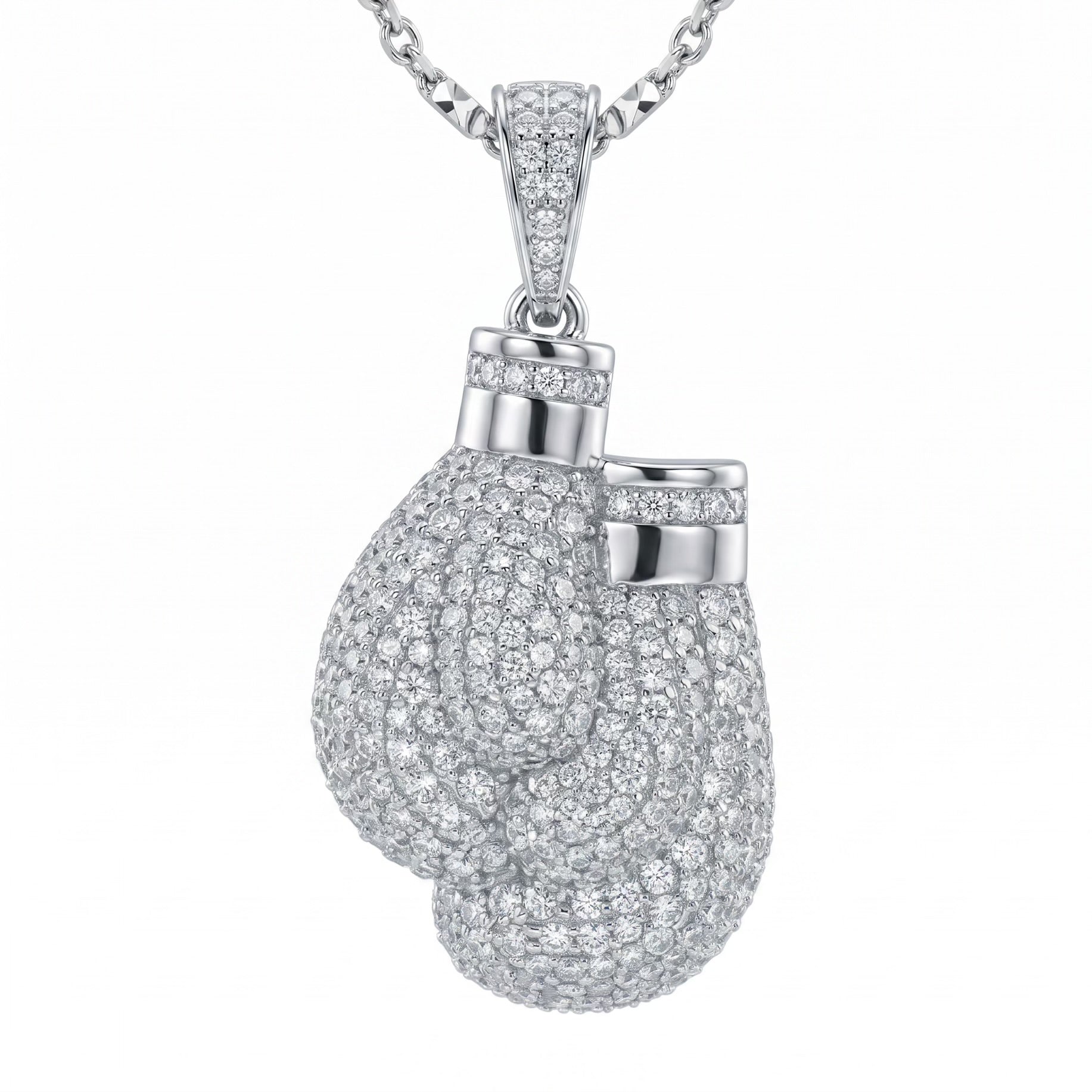 Silver moissanite boxing glove pendant on a chain against a white background