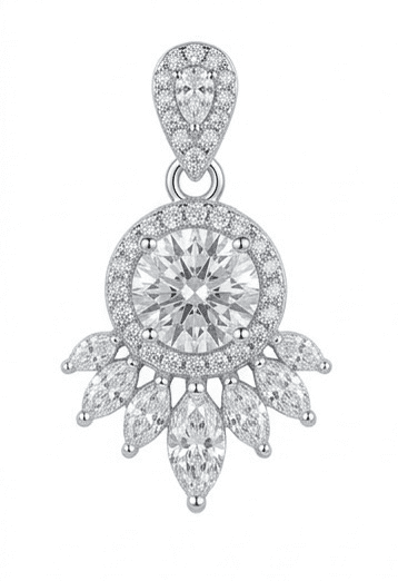 Dreamcatcher moissanite pendant, 1ct main stone 2.25ctw total, hand set in 925 sterling silver, front view on white background.