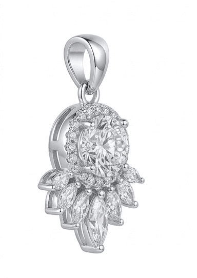 45-degree view of Dreamcatcher moissanite pendant, 1ct main stone 2.25ctw hand set in 925 sterling silver.