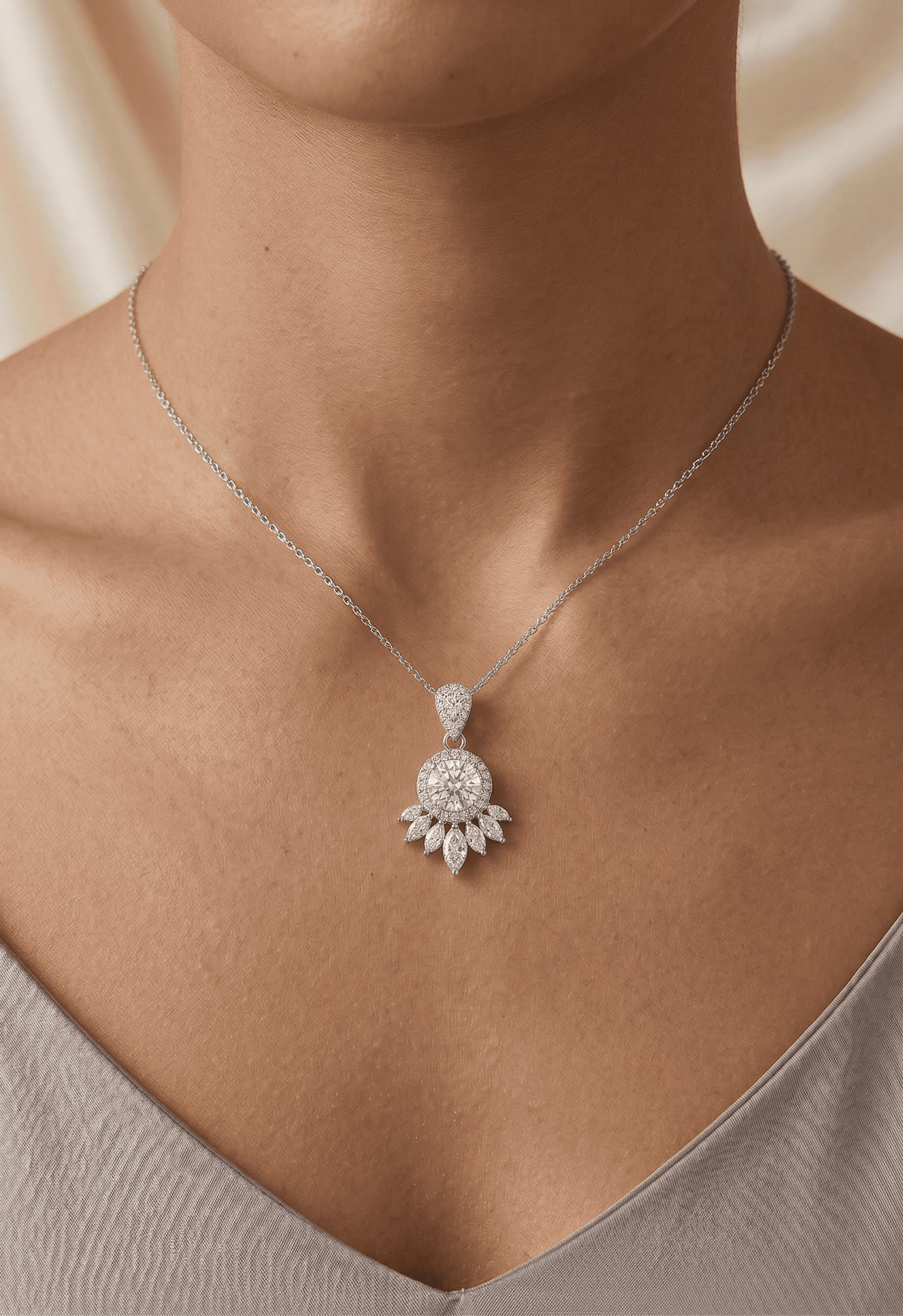 Dreamcatcher moissanite pendant worn as necklace, 1ct main stone 2.25ctw in 925 sterling silver lifestyle shot.