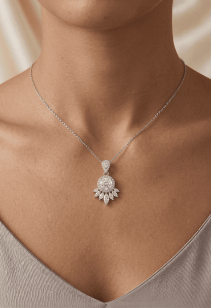 Dreamcatcher moissanite pendant worn as necklace, 1ct main stone 2.25ctw in 925 sterling silver lifestyle shot.