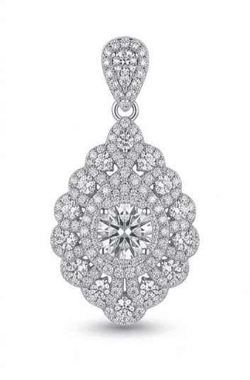Celestia moissanite pendant, 1ct main stone 5.75ctw total, hand set in 925 sterling silver, front view on white background.