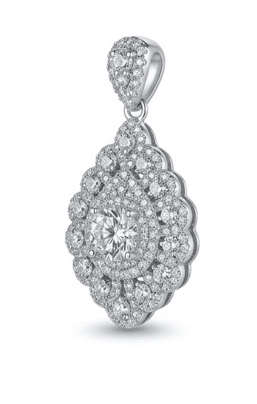 45-degree view of Celestia moissanite pendant, 1ct main stone 5.75ctw hand set in 925 sterling silver.