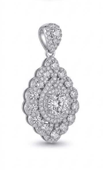 45-degree view of Celestia moissanite pendant, 1ct main stone 5.75ctw hand set in 925 sterling silver.