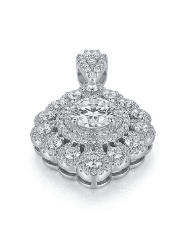 Celestia moissanite pendant flat lay on white background, 1ct main stone 5.75ctw in 925 sterling silver.