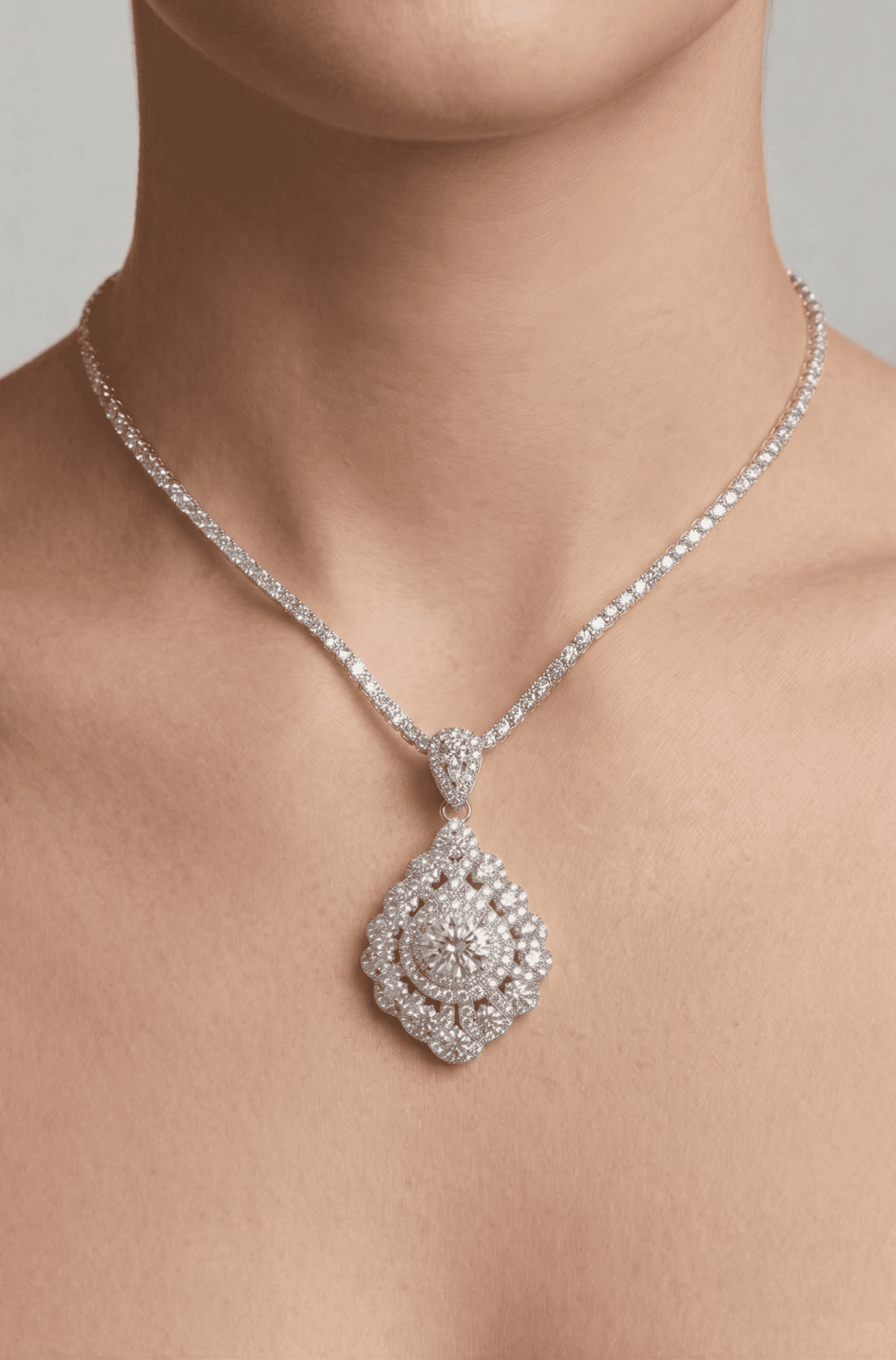 Celestia moissanite pendant worn as necklace, 1ct main stone 5.75ctw in 925 sterling silver lifestyle shot.