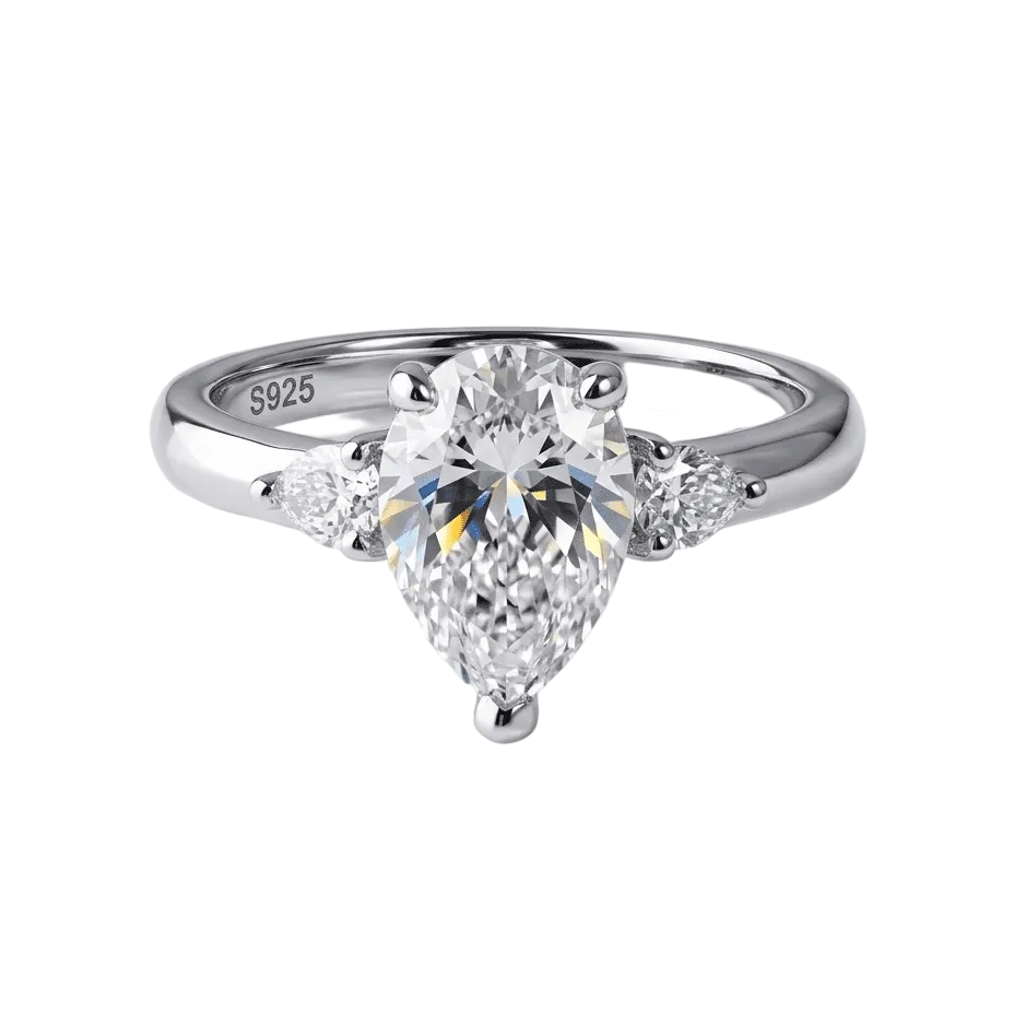 Aurora 2ct pear moissanite ring, 2.2ctw hand set in sterling silver band, front view on white background.