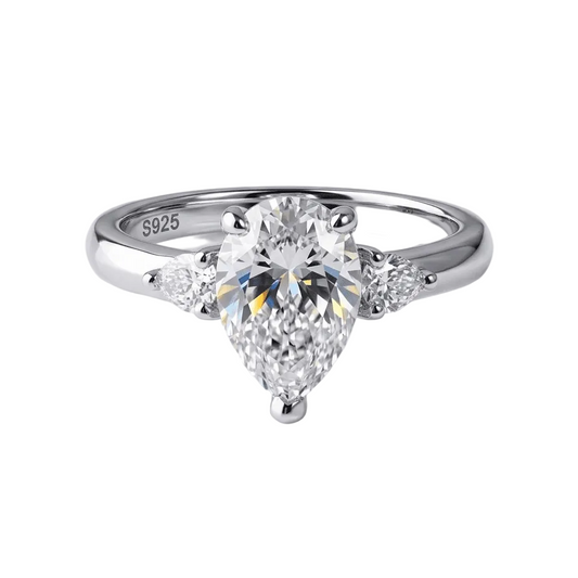 Aurora 2ct pear moissanite ring, 2.2ctw hand set in sterling silver band, front view on white background.