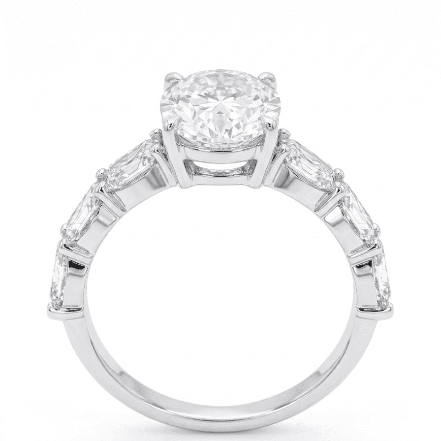 Moissanite ring with a oval central gemstone and smaller stones on a white background