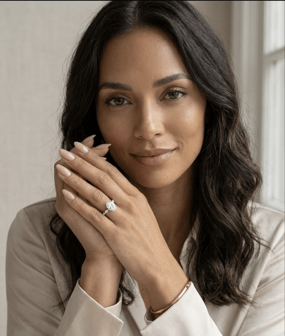 Woman wearing a diamond ring with a neutral background