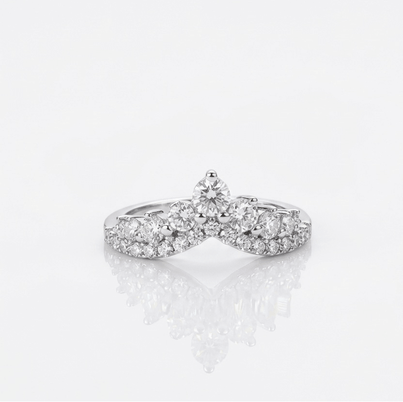 Evermore moissanite cluster ring, multi-stone setting in 925 sterling silver, front view on white background.