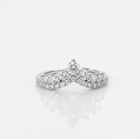 Evermore moissanite cluster ring, multi-stone setting in 925 sterling silver, front view on white background.
