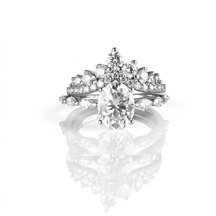Evermore moissanite cluster ring paired with brilliant solitaire moissanite ring, elegant stack in 925 sterling silver.