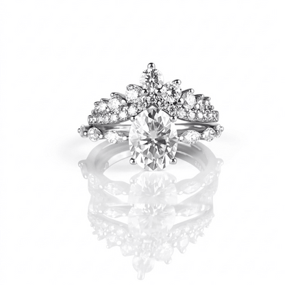 Evermore moissanite cluster ring paired with brilliant solitaire moissanite ring, elegant stack in 925 sterling silver.