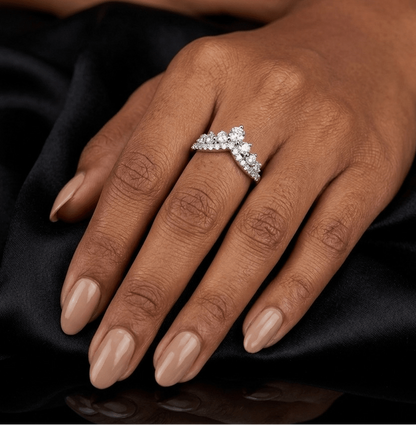 Evermore moissanite cluster ring worn on finger, multi-stone setting in 925 sterling silver lifestyle shot.