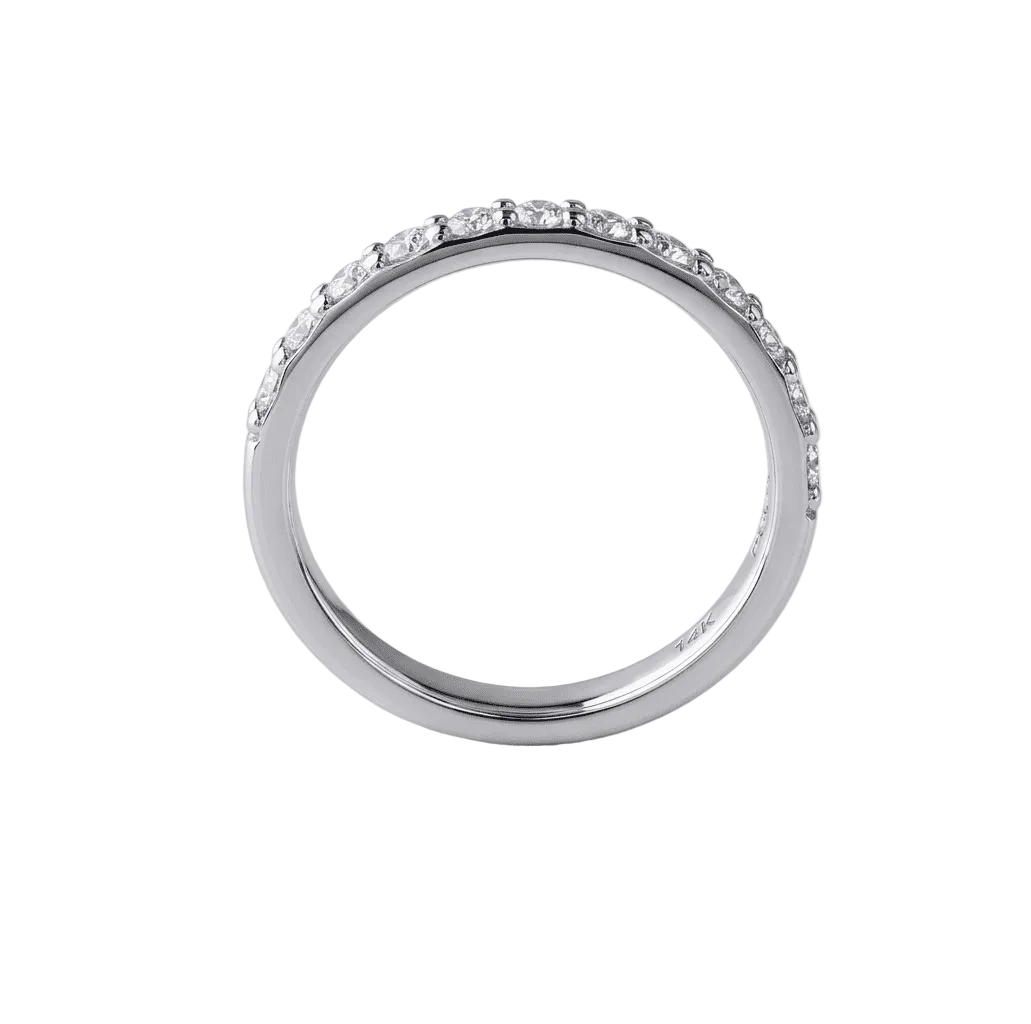 Half Eternity moissanite ring standing upright, hand set stone band in 2mm 925 sterling silver front view.