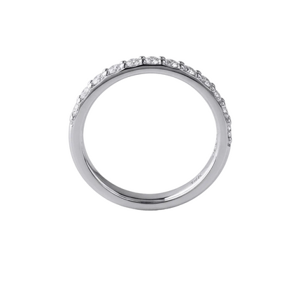 Half Eternity moissanite ring standing upright, hand set stone band in 2mm 925 sterling silver front view.