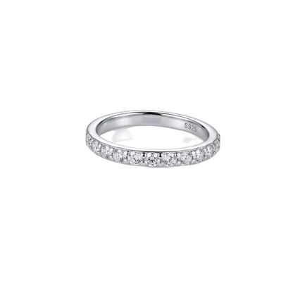 Half Eternity moissanite ring, hand set stone band in 2mm 925 sterling silver, front view on white background.0