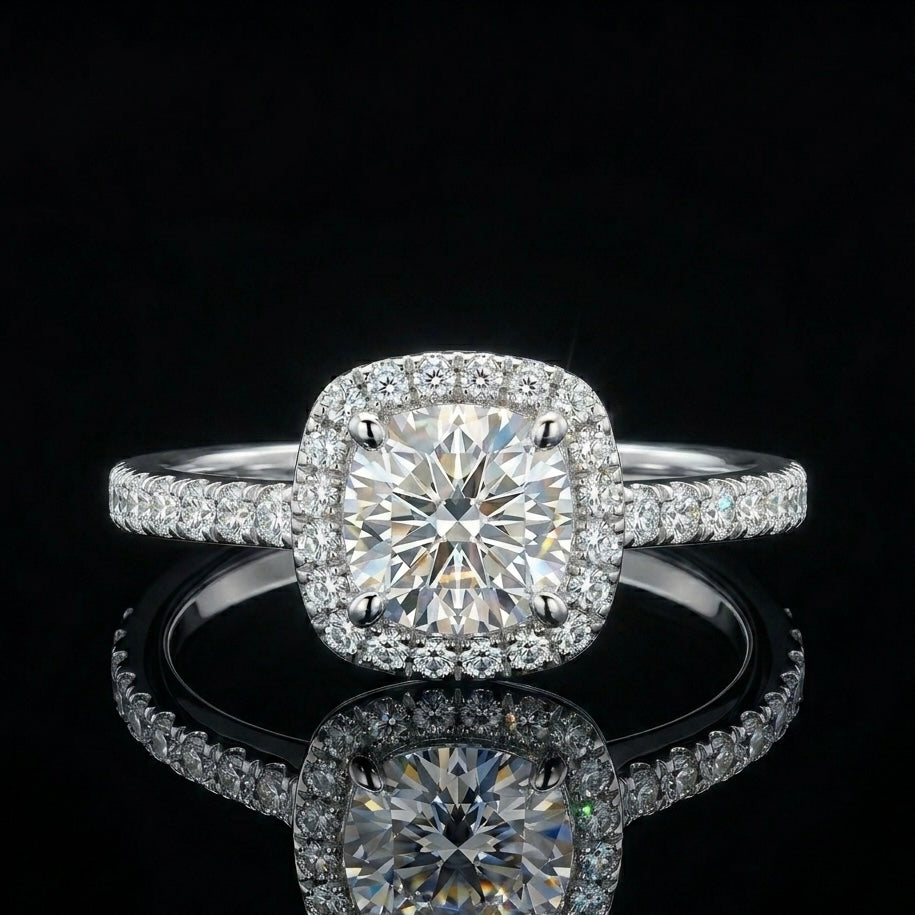 Diamond ring with a halo on black background