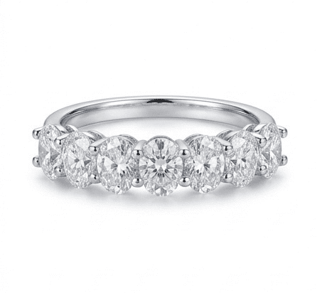 Sevenfold moissanite ring featuring 7 oval stones, fully hand set in 925 sterling silver, front view on white background